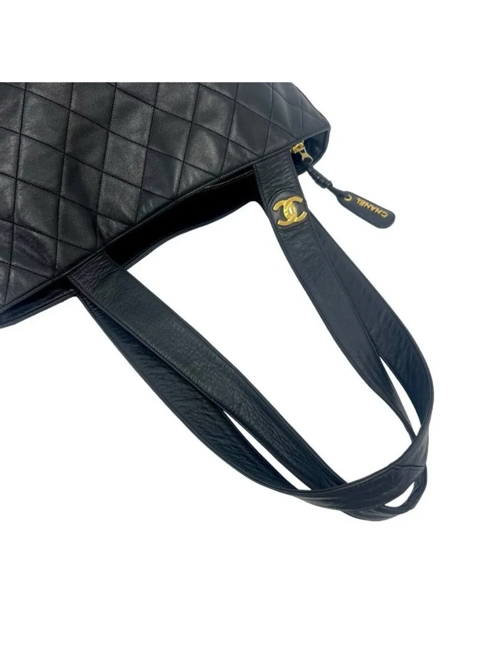 Chanel Vintage Quilted CC Logo Lambskin Leather Tote Bag Black